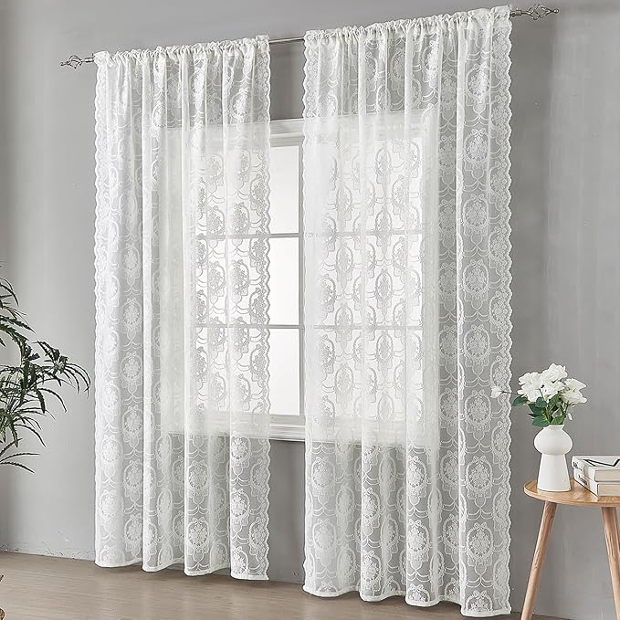 Bright White Vintage Country Floral Lace Sheer Curtains 96 Inches Long -Rod Pocket Light Filtering French Privacy Scalloped Edges Rod Pocket Boho Bedroom ，52 x 96 Inch, 2 Panels