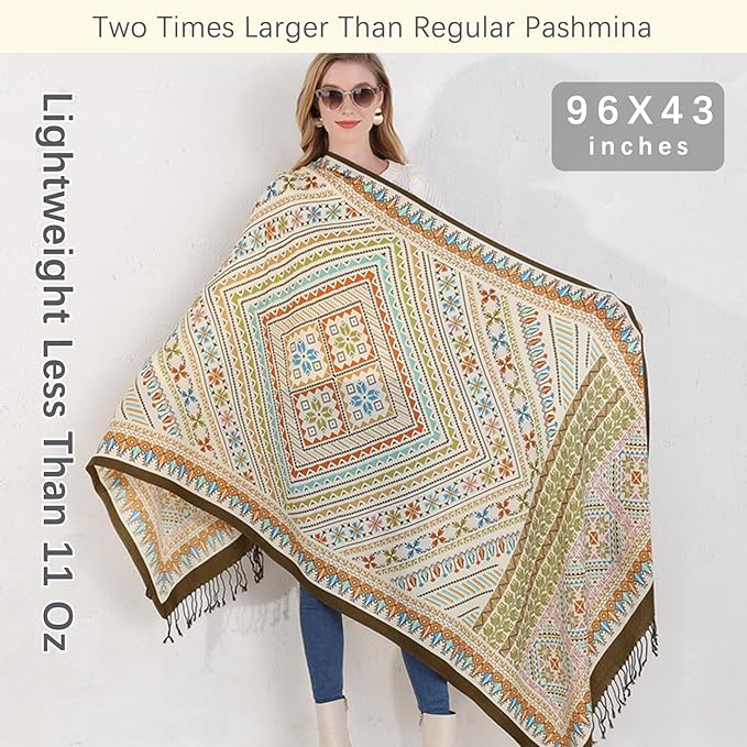 DANA XU 100% Merino Wool Pashmina Shawl for Women 96"x43", Oversized Cashmere Wrap with Tassels, Floral Travel Blanket Cape