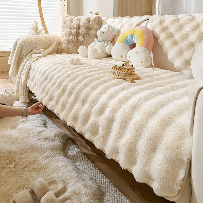 Faux Fur Couch Cover Fuzzy Soft Plush Thick Bubble Sofa Cover Luxury Sectional Couch Covers Luxury Anti-Slip Sofa Slipcover Washable Furniture Protector (Ivory,36"x94")