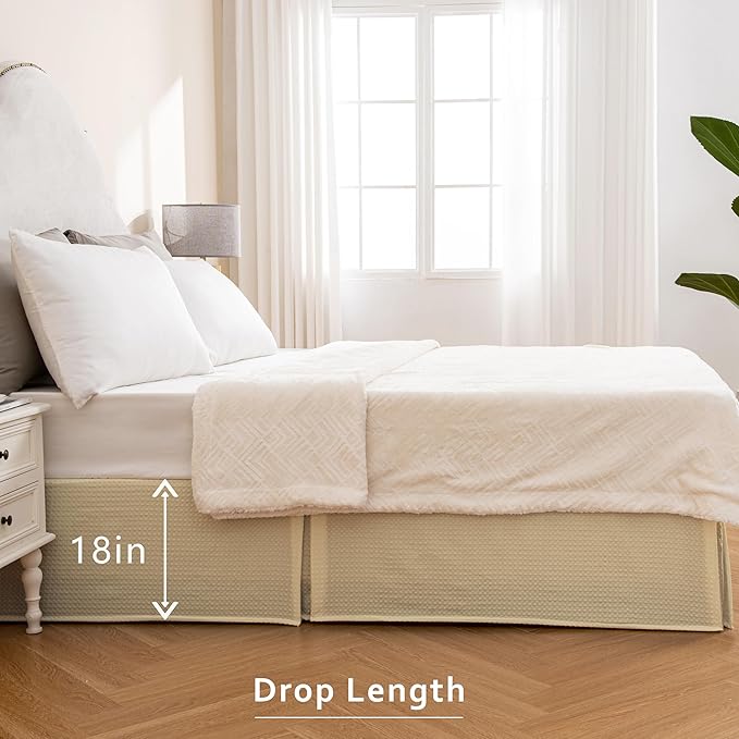 MIYE Pleated Waffle Weave Bed Skirt, Tailored Dust Ruffle 18 Inch Drop Easy Fit, Machine Washable,No Split Corners (Light Beige, Full - 18" Drop)