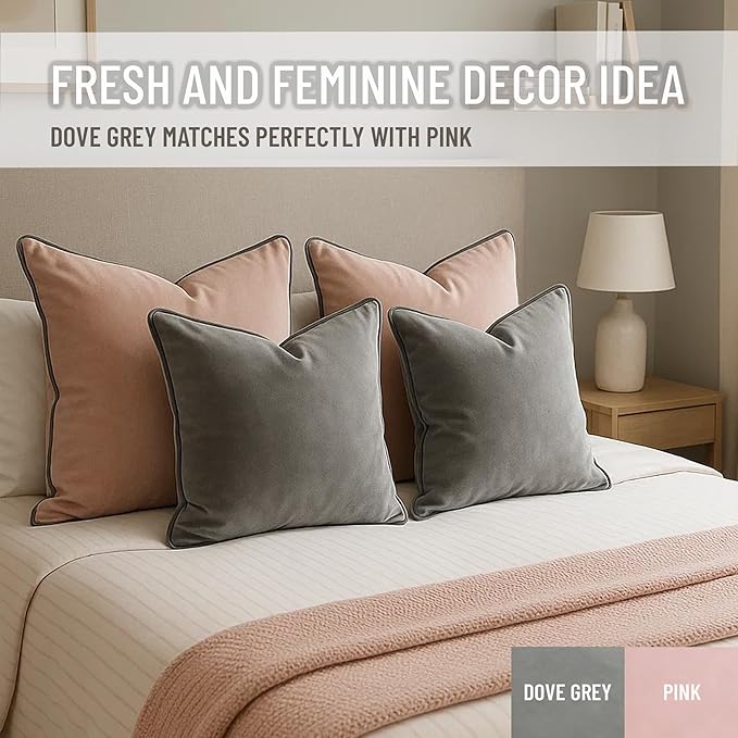 2 Pack Velvet Decorative Throw Pillow Covers, 18"x18", Dove Grey, Solid, Modern, Contrast Piping, Indoor Use, Bedroom & Living Room