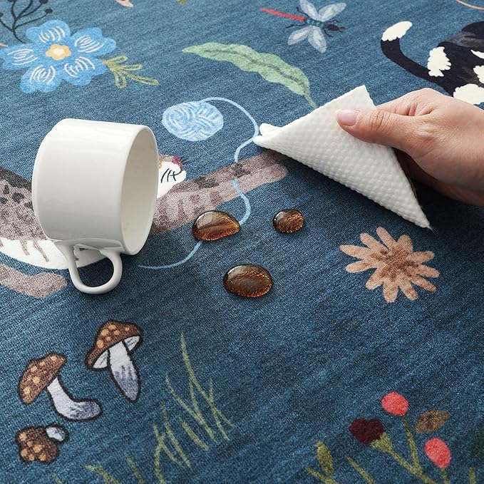 Rugcomf Area Rug 4x6 Rug Washable Boho Rugs Non Slip Low Pile Floral Animal Cat Small Carpet for Bedroom Bedside Kids Room Office Dining Room, Pearl Gentian Blue