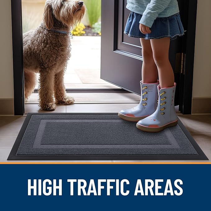 OLANLY Front Door Mat Indoor Outdoor Entrance, Waterproof All-Season, All-Weather Doormat, Sturdy Natural Rubber, Fade Resistant, Low Profile, Easy Clean Patio Porch Entryway Mat, 71x23, Light Grey