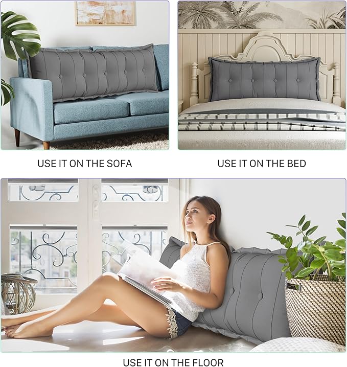Large Bolster Reading Pillow Queen Backrest Positioning Support Pillow Daybed Cushion Headboard Pillows for Bed Bunk Sofa with Removable Cover, Grey, 59x3x20 Inch