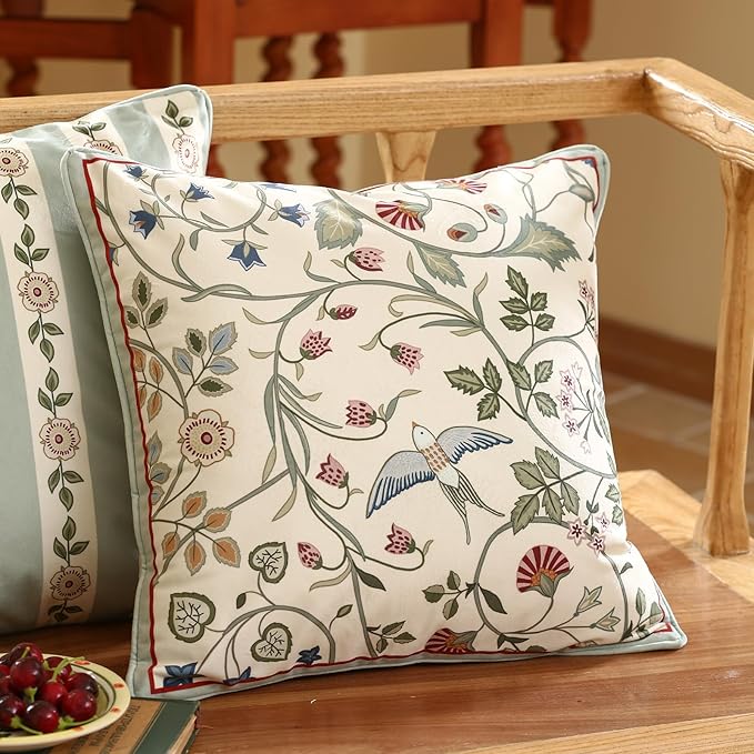 Square Throw Pillow Covers Pack of 2,Green Cozy Velvet Farmhouse with Birds and Flowers Pattern Pillowcases,Decoration Pillows Cushion Covers for Couch Sofa Bed Car Chair,18"x18"