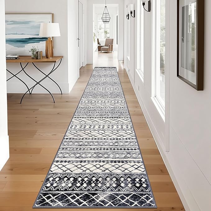KUTA Boho Hallways Runner Rugs 2x12, Moroccan Washable Kitchen Rug Non-Slip Vintage Black Navy Blue 12ft Ultra Soft Distressed Geometric Floor Carpet Runners for Bedroom Laundry Living Room