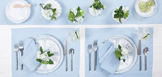 Solino Home Linen Sky Blue Table Runner 144 Inches Long - 100% Pure Linen Extra Long Table Runner 14 x 144 Inch for Christmas, New Year - Classic Hemstitch