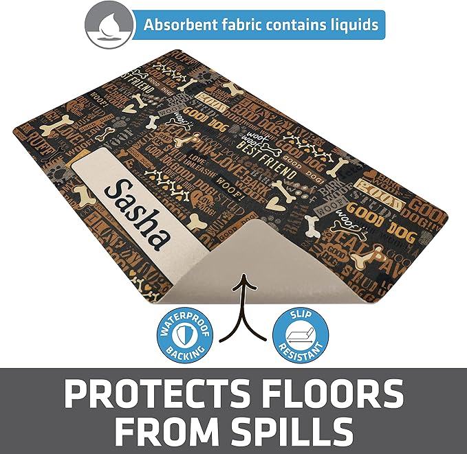 Drymate Personalized Pet Bowl Placemat, Custom Dog & Cat Food Feeding Mat - Absorbent Fabric, Waterproof Backing - Machine Washable/Durable (USA Made) (12" x 20") (Best Friend Brown)