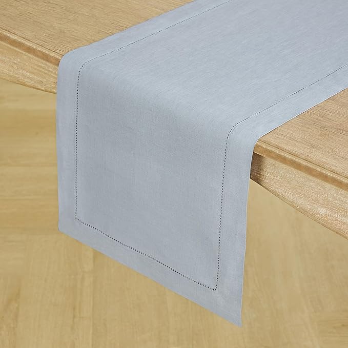 Solino Home Linen Dusty Blue Table Runner 72 Inches Long - 100% Pure Linen Hemstitch Table Runner 14 x 72 Inch for Dresser, Dining - Classic Hemstitch