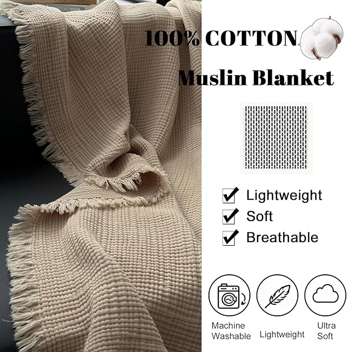 MorroMorn 100% Cotton Muslin Throw Blanket with Fringes 50"x60", 4-Layer Gauze Blankets for Adults, Boho Bedding Breathable Lightweight Ultra-Soft Farmhouse Decor for Couch Bed All Seasons, Khaki
