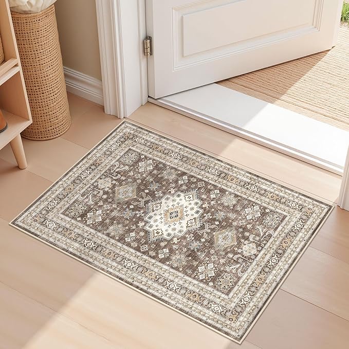 Vintage Living Room Area Rug 2x3 - Large Soft Washable Oriental Traditional Distressed Farmhouse Rugs for Bedroom - Indoor Floor Accent Carpet for Home Office House Decor - Dark Brown
