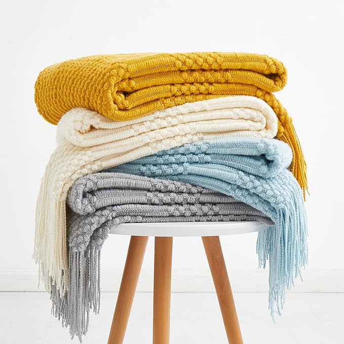Mustard Yellow Knitted Throw Blankets for Couch, Bedroom and Officeroom,Textured Fade Resistant Soft and Warm Decorative Knitted Blankets with Tassel,50"x60"