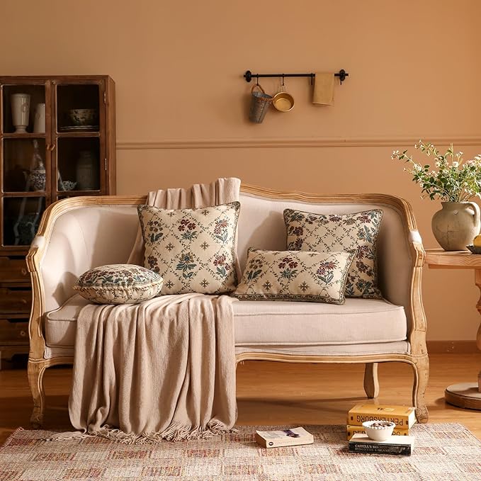 patdrea Designer Throw Pillow Covers,Rectangle Vintage Light Brown Linen with Floral Pattern Pillow Cover,Decorative Lumbar Pillowcases Cushion for Bed Living Room Outdoor Car,12"x20"