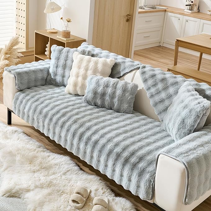 Faux Fur Couch Cover Fuzzy Soft Plush Thick Bubble Sofa Cover Luxury Sectional Couch Covers Luxury Anti-Slip Sofa Slipcover Washable Furniture Protector (Light Grey,28"x59")