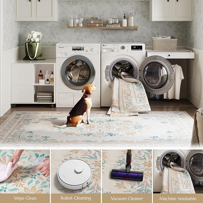 jinchan Vintage Floral 6x9 Area Rugs for Living Room - Machine Washable Distressed Design Soft Throw Rug Ultra-Thin Non-Slip Large Carpet for Bedroom Nursery Dining Room Home Office (6x9ft, Apricot)
