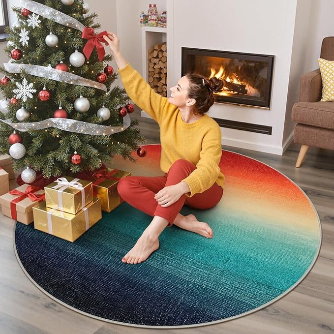 Wonnitar Modern Ombre Washable Round Area Rug 5ft, Large Circle Christmas Rug for Bedroom, Non-Slip Rainbow Kitchen Throw Mat, Stain Resistant Low Pile Carpet for Living Room (Colorful, Round 5ft)
