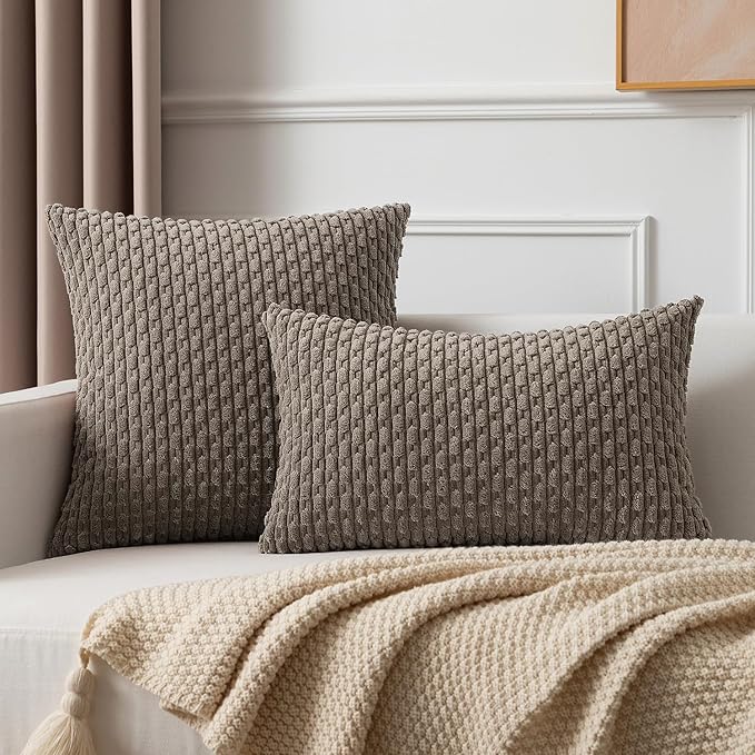 Kevin Textile 12x24 Inch Pillow Cover 1 Pack Boho Decorative Soft Striped Corduroy Lumbar Farmhouse Color Accent Rectangle Cushion Case for Living Room Couch Sofa Bed, Light Brown