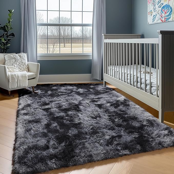 ONASAR Rugs for Living Room Bedroom, 5x8 Washable Fluffy Tie-Dyed Dark Grey Bedside Area Rug, Soft Plush Shaggy Floor Carpet for Nursery Kids Girls Boys Teen Dorm Home Office Decor Aesthetic