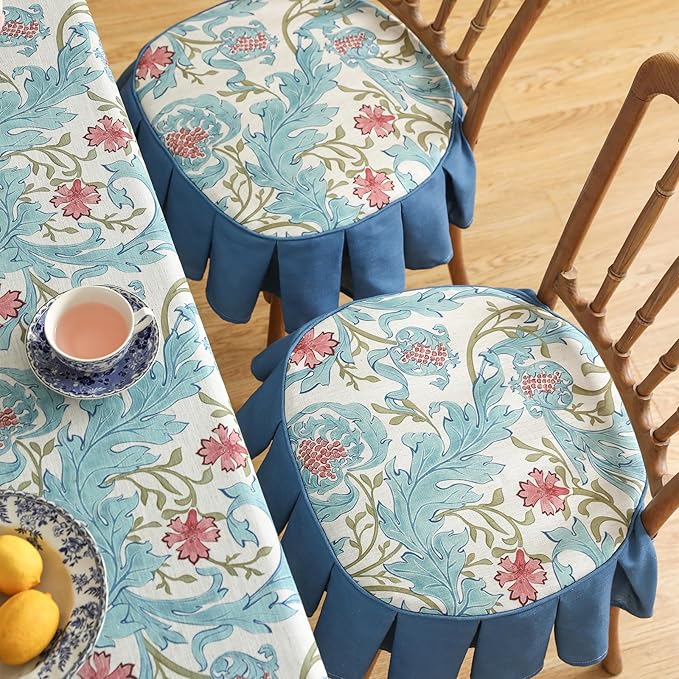 patdrea Pack of 2 Chair Cushions for Dining Chairs with Ruffled, Blue Floral Seat Cushion with Ties,Removable,Non Slip Chair Pads Decor for Bar Stool Cushions, Indoor Kitchen Chairs, 17.7"x17.7"
