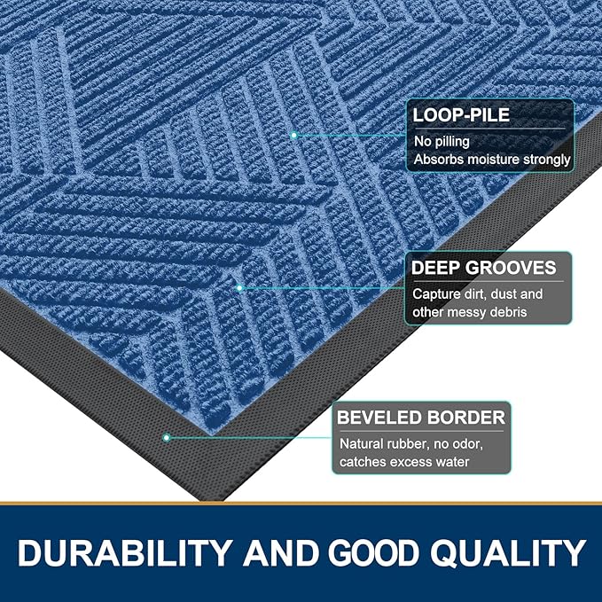 Smiry Front Door Mat Outside Entrance, Heavy Duty Sturdy Natural Rubber Doormat, Trap Dirt and Moisture, Easy Clean Low Profile Mats for Indoor Outdoor Entry, Irregular Triangle (71x24, Blue)