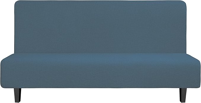 Easy-Going Stretch Futon Slipcover Armless Futon Bed Cover Furniture Protector Without Armrests with Elastic Bottom for Kids, Soft Jacquard Fabric Small Checks (Large, Bluestone)