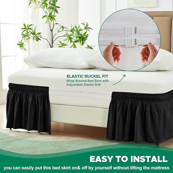 Biscaynebay Wrap Around Bed Skirts for King & Cal King Beds 16" Drop, Black Adjustable Elastic Dust Ruffles Easy Fit Wrinkle & Fade Resistant Silky Luxurious Fabric Solid Machine Washable