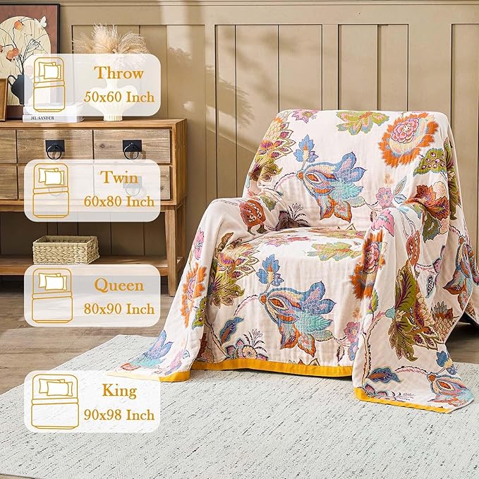 Summer Throw Blanket for Bed, 90"x98" Boho Throw Blankets 100% Cotton Quilts Farmhouse Decoration Warm Soft Blanket Muslin Bed Blankets for Couch Chair