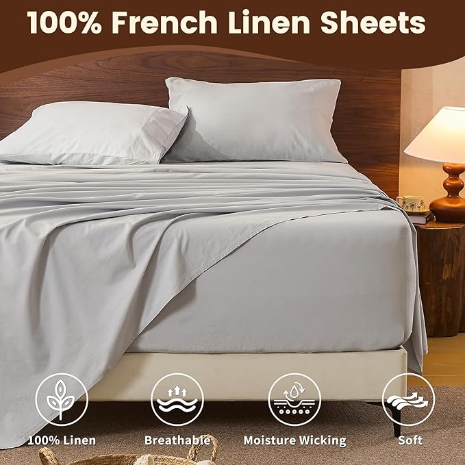 100% Linen Sheet Set Queen Size Extra Deep Pocket Fits 18-24 Inch Mattress, Breathable & Soft, Smooth 4-Piece Set for Thick Mattresses Hotel Luxury Bedding（Queen, Grey）