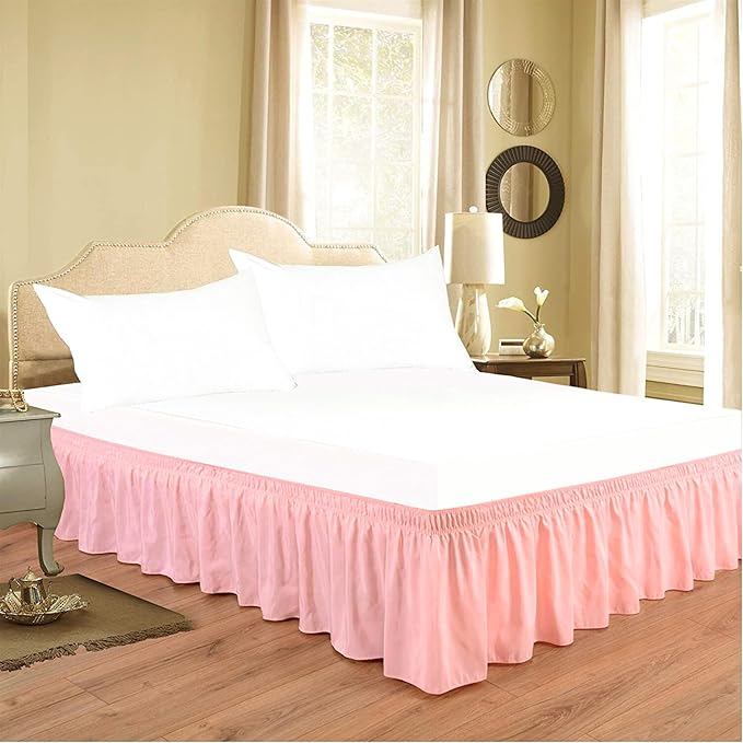 Peach Wrap Around Bed Skirts with 16" Drop - Three Sides Fabric Adjustable Elastic Dust Ruffle Silky Soft -600 TC Stretchy Bed Skirt-Olympic Queen(66"X 80") Peach