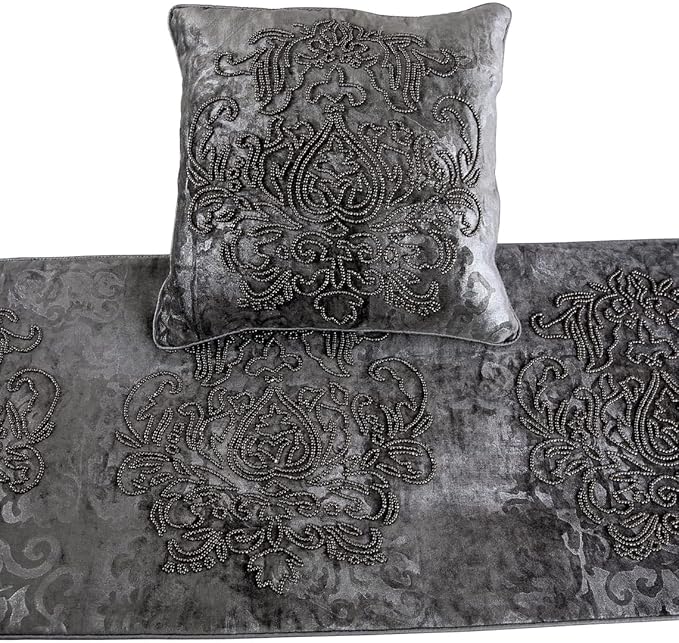 HomeCentric Designer Bed Runner with 2 Decorative Throw Pillow Covers, 53 x 18 Inch Damask Twin Size Scarf in Foil Velvet and Embroidery