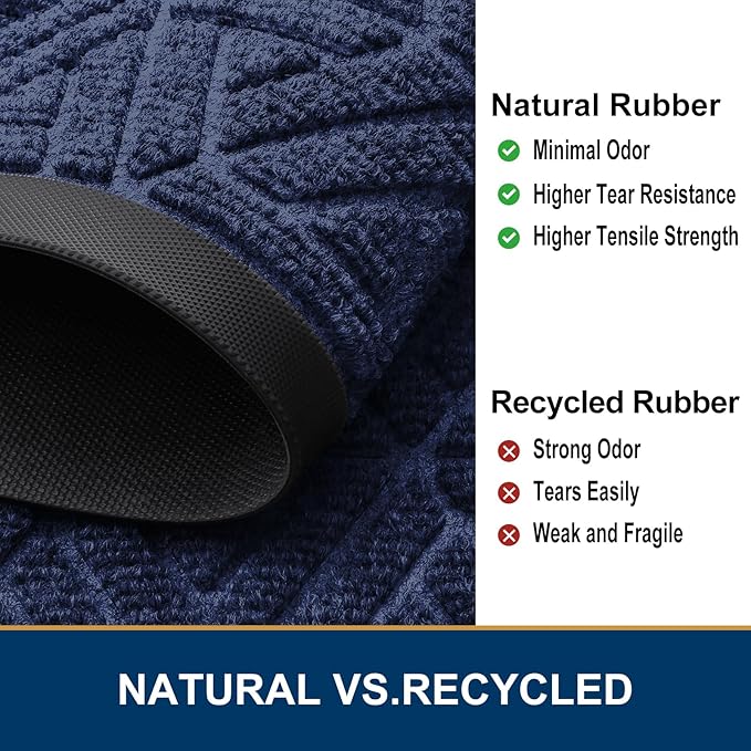 Smiry Front Door Mat Outside Entrance, Heavy Duty Sturdy Natural Rubber Doormat, Trap Dirt and Moisture, Easy Clean Low Profile Mats for Indoor Outdoor Entry, Grid Geometric (71x24, Navy Blue)