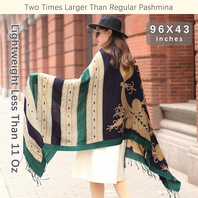 DANA XU 100% Merino Wool Pashmina Shawl for Women 96"x43", Oversized Cashmere Wrap with Tassels, Floral Travel Blanket Cape
