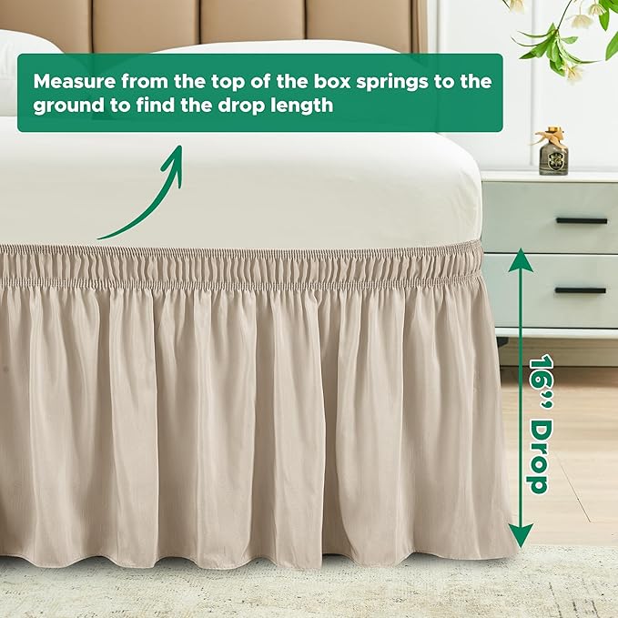 Biscaynebay Wrap Around Bed Skirts for King & Cal King Beds 16" Drop, Light Camel Adjustable Elastic Dust Ruffles Easy Fit Wrinkle & Fade Resistant Silky Luxurious Fabric Solid Machine Washable