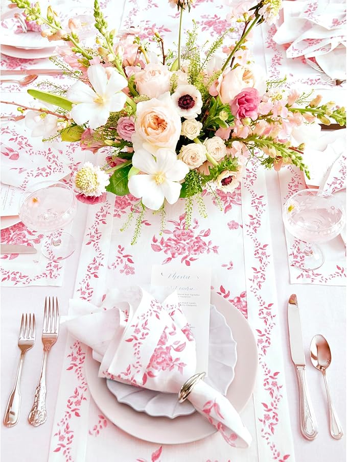 Solino Home Pink Floral Print Table Runner 60 inch - 100% Pure Linen Table Runner 14 x 60 Inch - Handcrafted and Machine Washable - Jolie Fleur Print