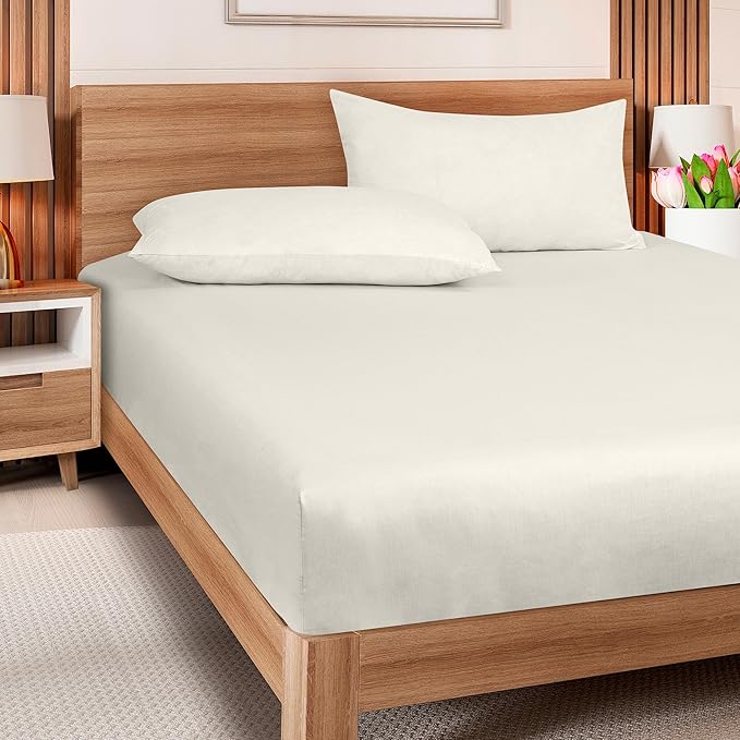 ROYALE LINENS 300 Thread Count 100% Long Staple Combed Cotton Fitted Sheet Twin XL - Super Soft Deep Pocket Bottom Sheet - Fitted Sheets Only - Elastic Sheets (Twin XL, Cream)