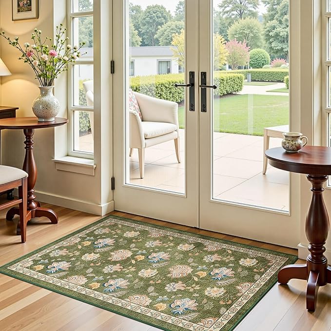 jinchan Elora 3x5 Floral Rug for Entryway Washable Kitchen Rug Vintage Romance Design Christmas Small Mat Non Slip Indoor Doormat Lightweight Low-Profile Throw Carpet for Entrance Bathroom, Green