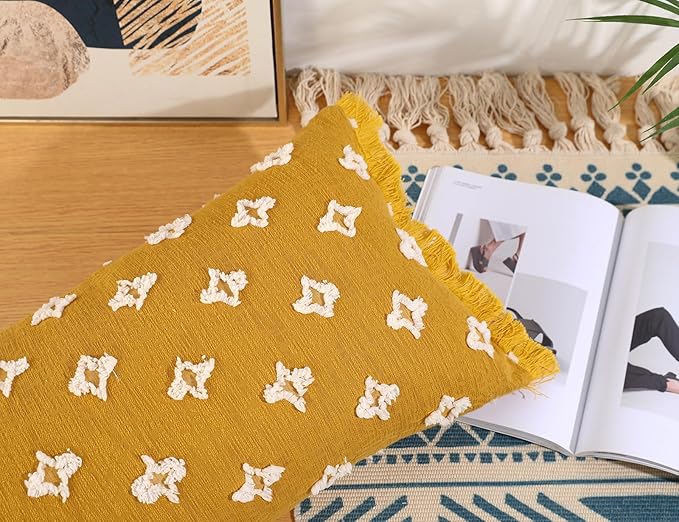 Boho Long Lumbar Pillow Cover 14x20 with Tassel,3D Flower Patterned Cotton Decorative Long Lumbar Pillow Cover Pillow Case for Sofa Couch Bed Livingroom Farmhouse,Yellow