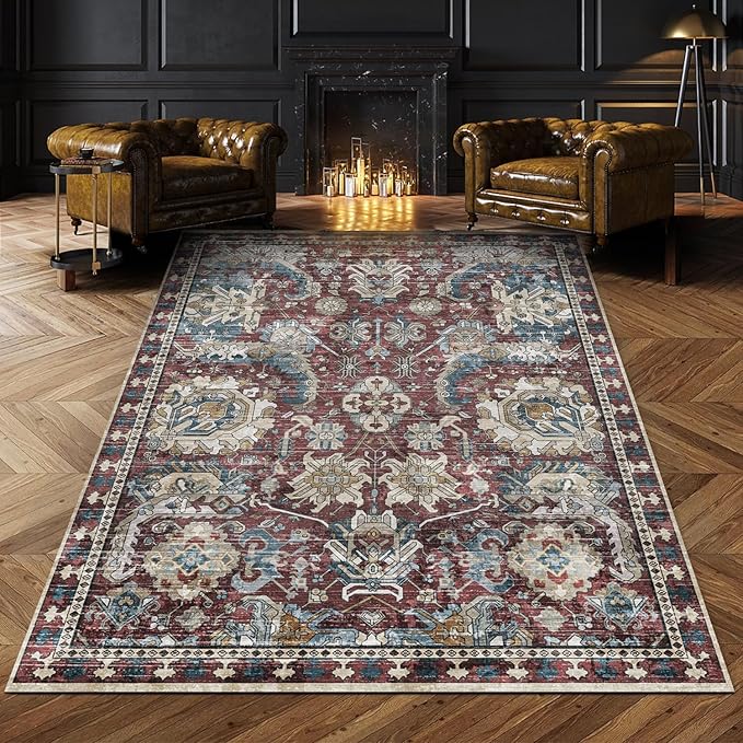 RUGSURE Washable Area Rugs - Perfect for Living Room, Bedroom, Kids Room, Nursery - Stain & Water Resistant Non-Slip, Pet & Child Friendly, Vintage Tribal Area Rugs (Rust and Blue, 8' x 10')
