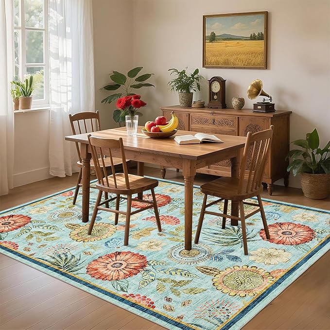 GarveeHome 5x7 Floral Washable Area Rug: Large Living Room Area Rug with Non-Slip Backing Washable Ultra Soft Bedroom Floral Carpet Indoor Stain Resistant Carpet for Dining Room 5 * 7 ft Light Blue