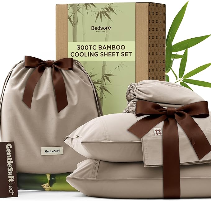 Bedsure Cooling Sheets, Rayon Derived from Bamboo & Cotton Blend, GentleSoft, Breathable, King Size Sheets Set, Deep Pocket Up to 18", Hotel Luxury Bedding for Hot Sleepers, Simply Taupe