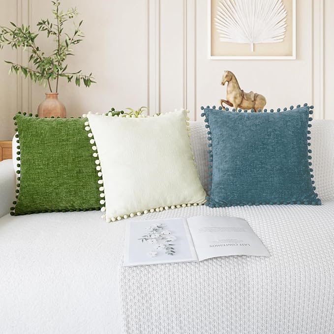 CaliTime Throw Pillow Covers Decorative 18 X 18 Inches Pack of 2 Cozy Solid Dyed Soft Chenille Cushion Cases with Pom Poms for Couch Sofa Bed Living Room Home Forest Green