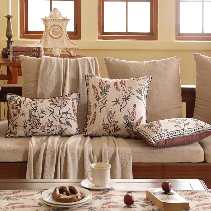 ISAENNE Design Linen Vintage Throw Pillow Covers 18"x18", Square Cushion Covers with Blue Pink Flowers Green Leaves Pattern Decoration Pillowcases for Bed,Living Room,Outdoor,Car