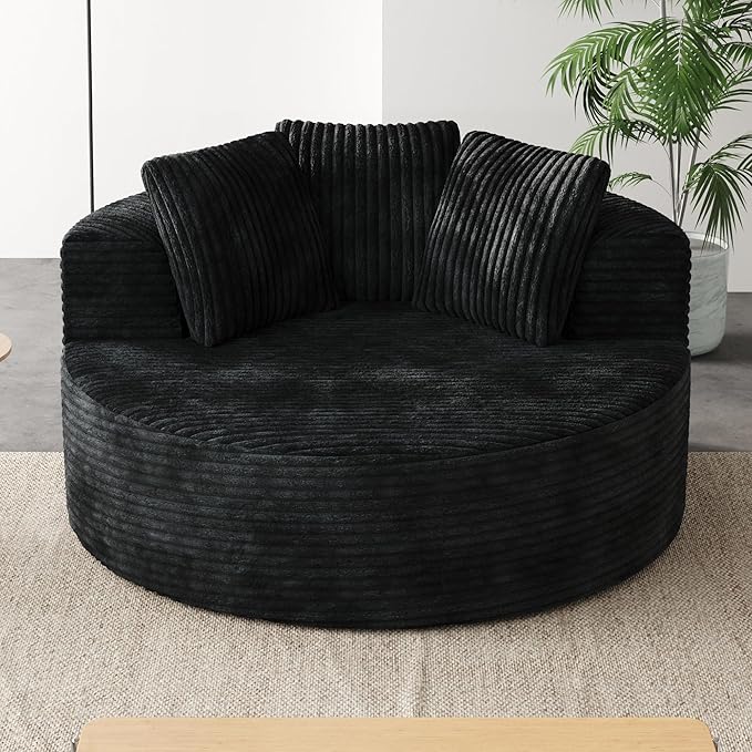 JACH Oversized Round Lazy Sofa Chair with Three Pillows, 50" Corduroy Deep Seat Single Sleeper Sofas, Upholstered Chaise, Cloud Couch for Living Room, Apartment, Black