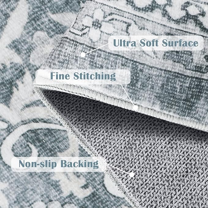 jinchan Hallway Runner Rug 2x10 - Machine Washable Grey Vintage Floral Distressed Design Soft Non-Slip Low-Pile Ultra-Thin Runner Rug for Kitchen Laundry Room Bedroom Farmhouse (2‘x10', Grey)