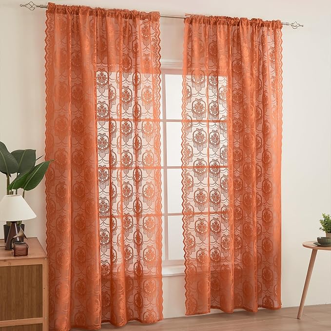 Burnt Orange Lace French Delicacy Curtains 84 Inches Long -Rod Pocket Luxury Vintage Bow Butterfly Flower Sheer Lace Curtains for Living Room Bedroom，52 x 84 Inch, 2 Panels