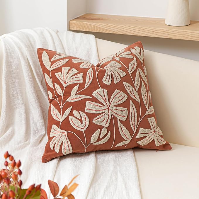 BlissBlush Fall Throw Pillow Cover 20x20, Rust Brick Red Soft Velvet Floral Decorative Accent Throw Pillowcase, Tufted Farmhouse Pillowcase for Couch Sofa Living Room Home Décor