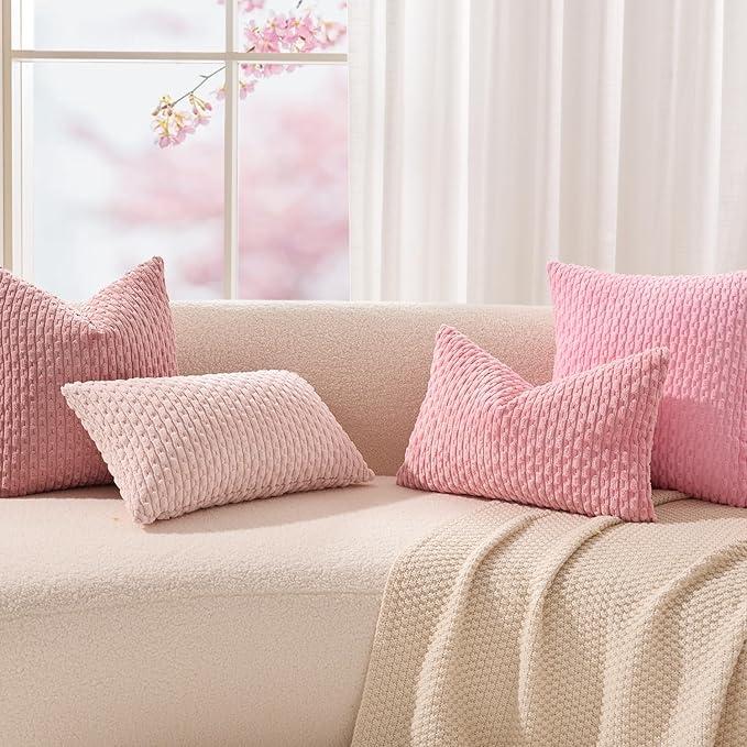 Kevin Textile Valentines Day 12x20 Inch Pillow Cover 1 Pack Boho Decorative Soft Striped Corduroy Lumbar Farmhouse Accent Rectangle Cushion Case for Living Room Couch Sofa Bed, Dark Pink