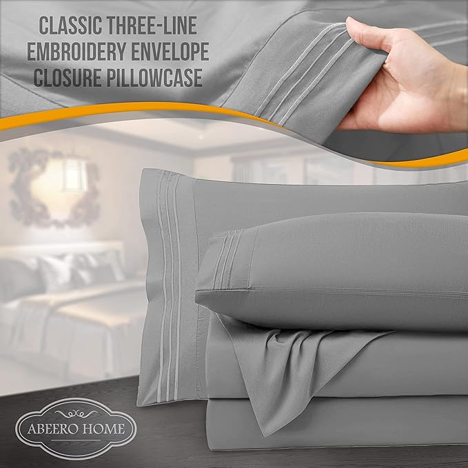 King Size Sheets Set Cooling - Luxury Hotel Sheets - Soft Bed Sheet with Elastic Corner Straps - Deep Pockets Microfiber Bedsheet - Bedding Sheet & Pillowcases -4 PC (King, Light Gray)