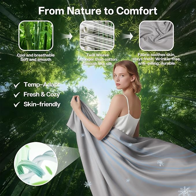 MR&HM Queen Fitted Sheet Only, Ultra-Soft Rayon Derived from Bamboo & Polyester Blend, Silky & Breathable, 15" Deep Pocket with Elastic Straps, Cooling Fitted Sheet for Hot Sleepers, Silver Grey