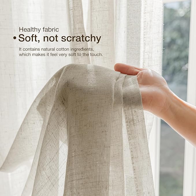 Anmao Natural Linen Curtains for Living Room 63 Inch Length 2 Panels Set, Light Filtering Semi Sheer Window Curtain Drapes for Bedroom with Curtain Rings and Clips, 52 Inch Wide Each Panel, Linen